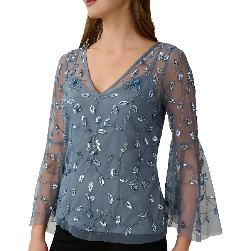 Adrianna Papell Womens Mesh Embellished Blouse