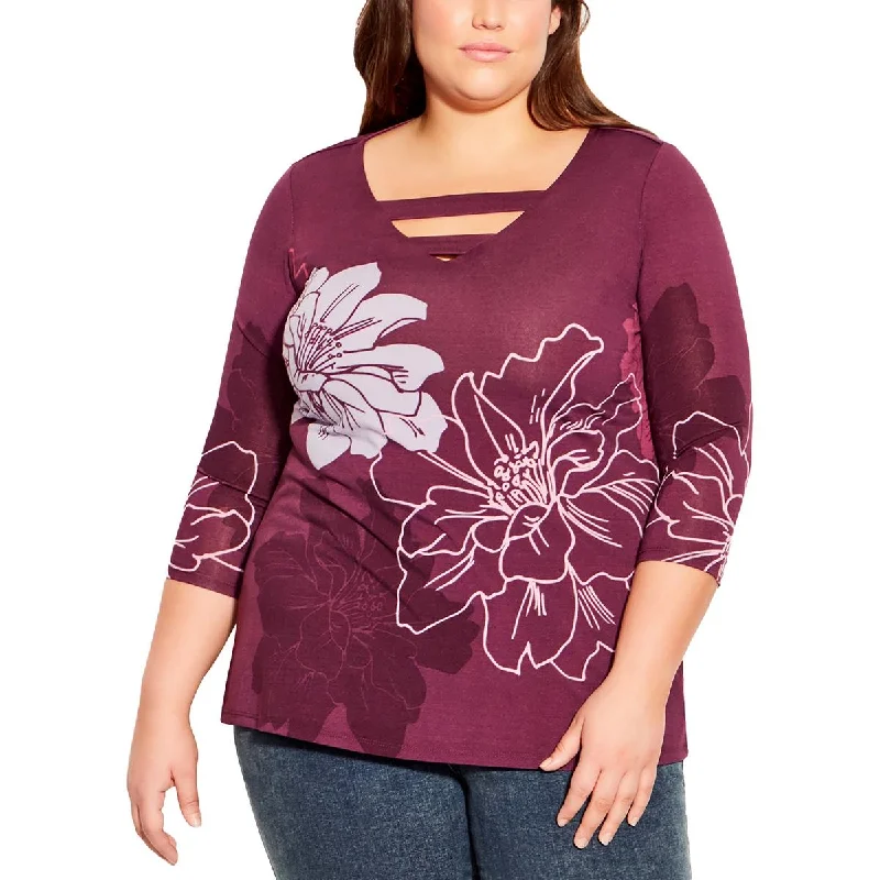 Avenue Womens Plus Floral V-Neck Blouse