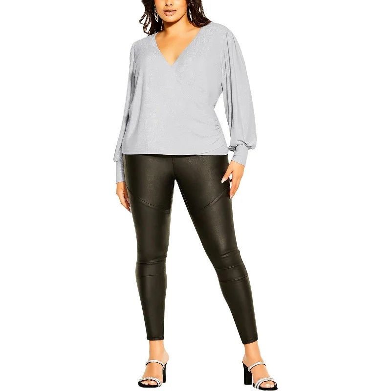 City Chic Womens Plus Metallic Faux V Neck Blouse