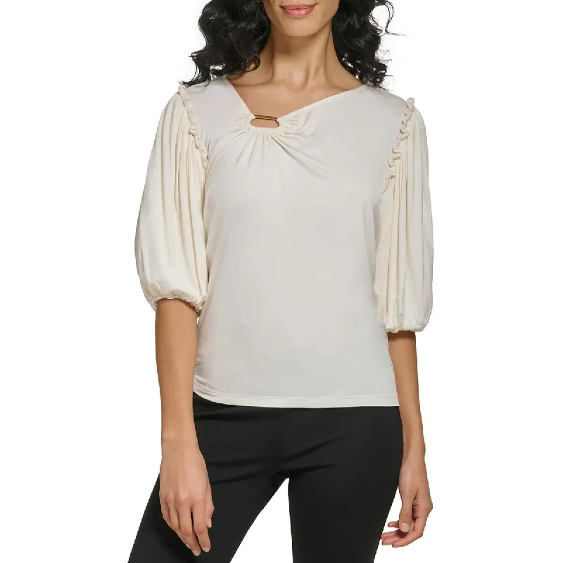 DKNY Womens Embellished Puff Sleeve Blouse