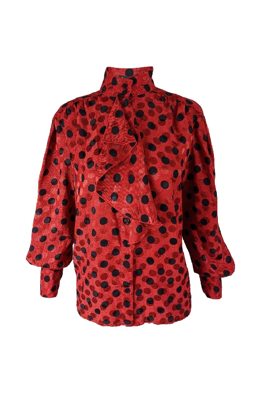 Vintage Red & Black Satin Jacquard Polka Dot Blouse, 1980s