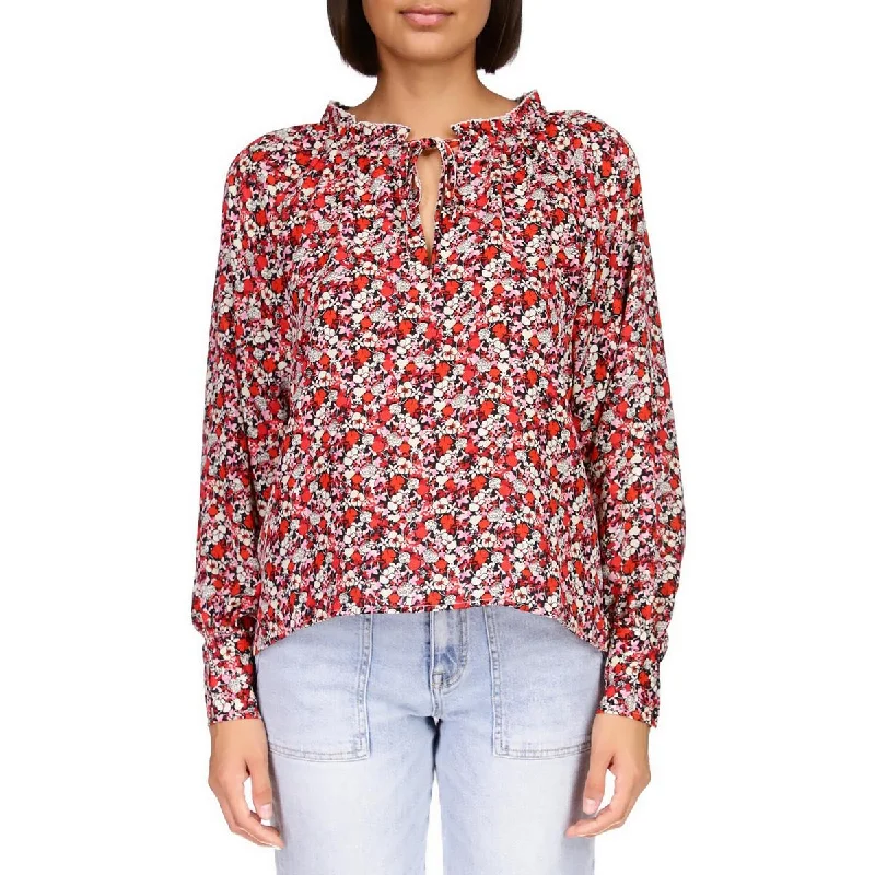 Sanctuary Womens Floral Print Ruffle Neck Blouse