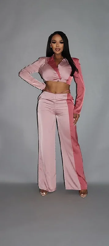 Colorblock Crop Blazer With Matching Low Rise Wide Leg Pant Set With Pockets