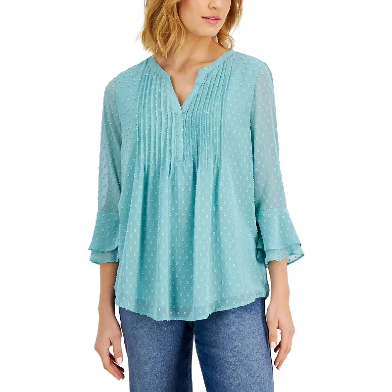 Charter Club Womens Petites Pintuck Split Neck Blouse