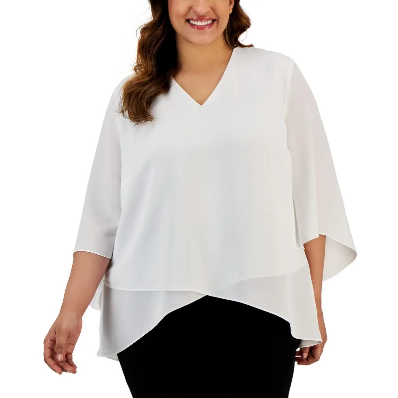 Kasper Womens Plus V-Neck Flutter Sleeve Blouse