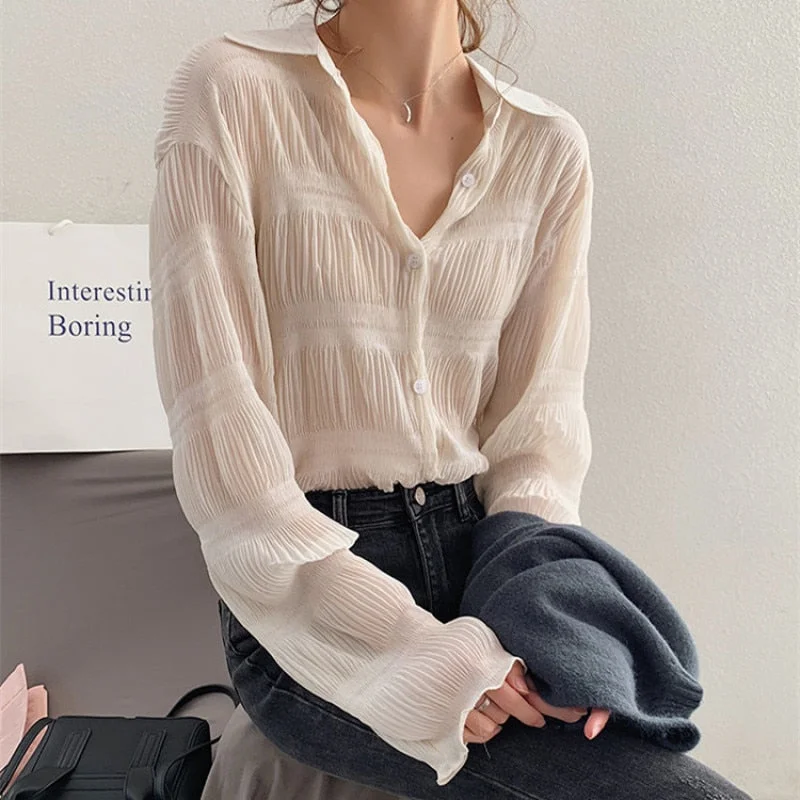 New 2022 Spring Vintage Elegant Women Chiffon Blouses Casual Long Sleeve Blusas Femme Turn-down Collar Solid Shirts Female Tops