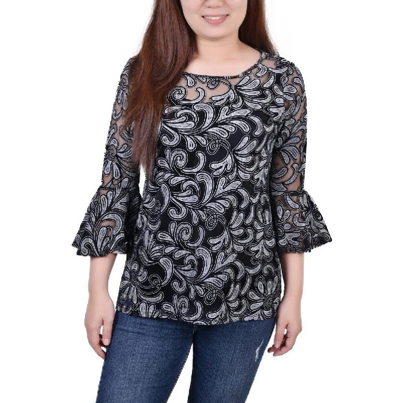 NY Collection Womens Petites Printed Elbow Sleeve Blouse