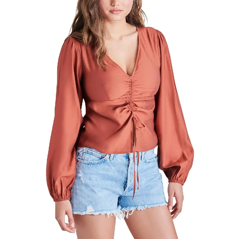 Steve Madden Womens Felicity Ruched V-Neck Blouse