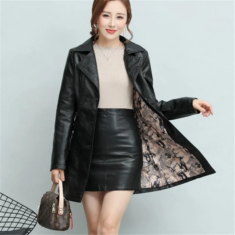 Winter New girl  thick Leather Jacket Long Women's Coat slim Fashion punk Female Motorcycle Clothing faux leather Blazer autumn