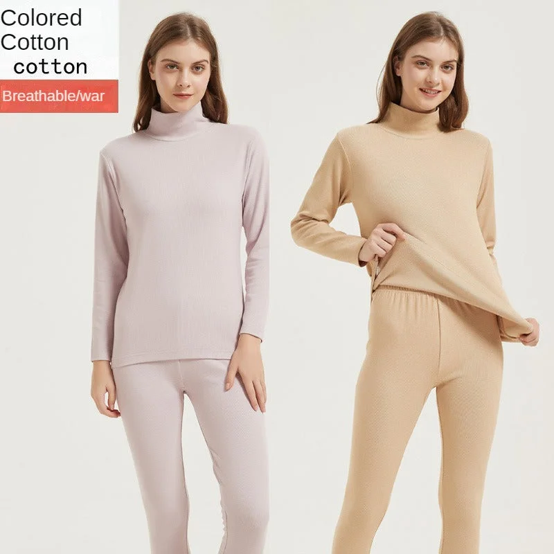 Colored cotton brushed wool color spun women's pile collar autumn clothes and autumn trousers set autumn and winter pure cotton mid-high collar bottoming thermal underwear