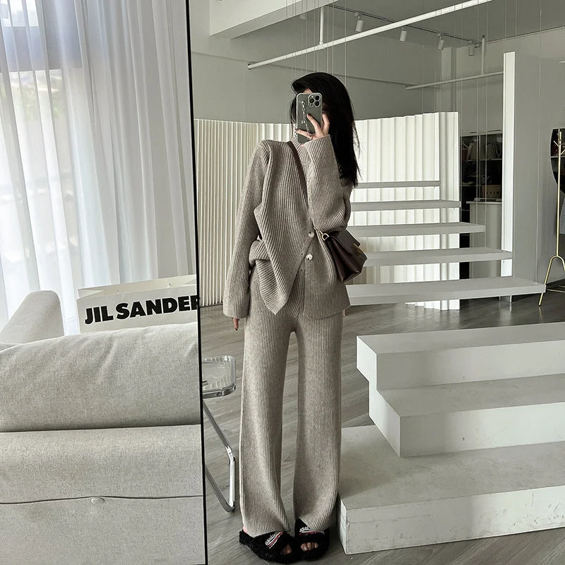 Half-turtle collar knitted sweater wide-leg pants two-piece set for women autumn and winter 2023 new casual petite suit