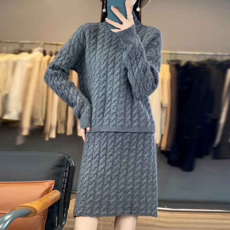 New knitted suit fashionable thickened two-piece set 2023 loose lazy half turtleneck sweater skirt suit