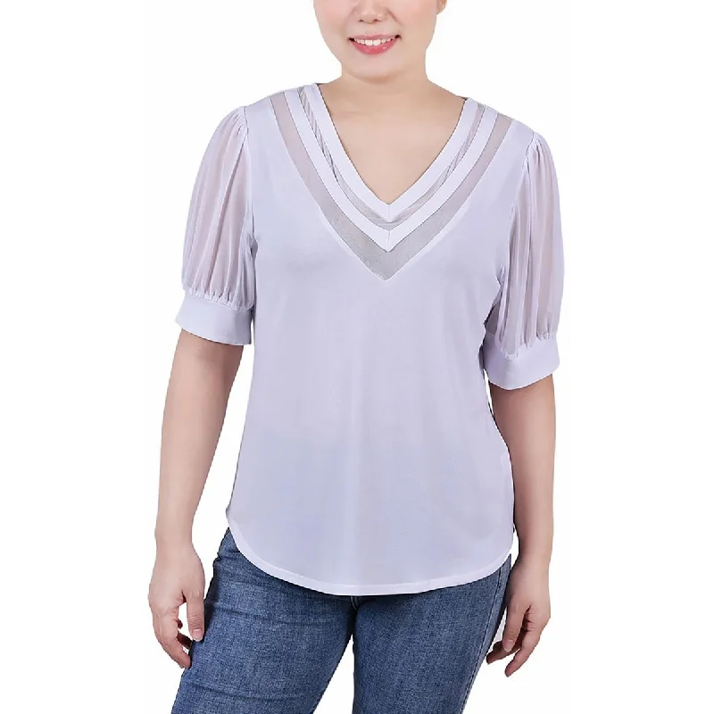 NY Collection Womens Petites Mesh Inset V-Neck Blouse