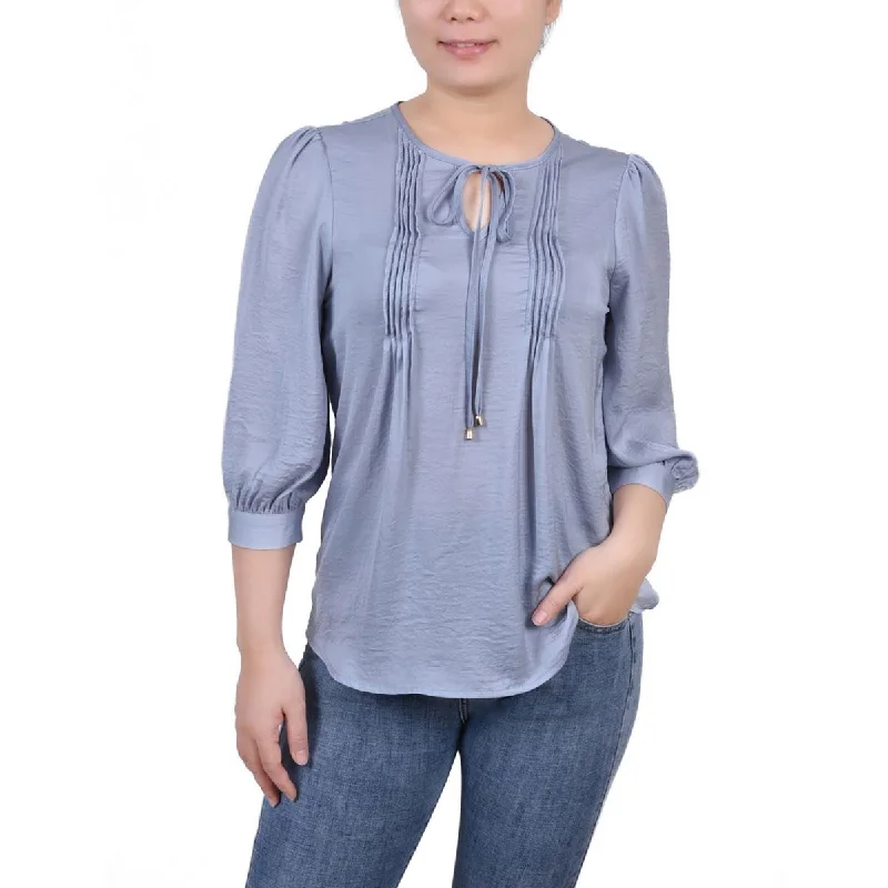 NY Collection Womens Petites Pleated Front V-Neck Blouse