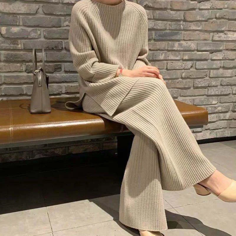 Plus size women's European and American fashion knitted suit women's autumn and winter new temperament loose sweater wide-leg pants two-piece set for women