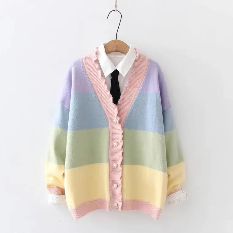 Rainbow, Stripe, Wavy Agaric Lace V-neck Sweater, Blazer Cardigan    S4364