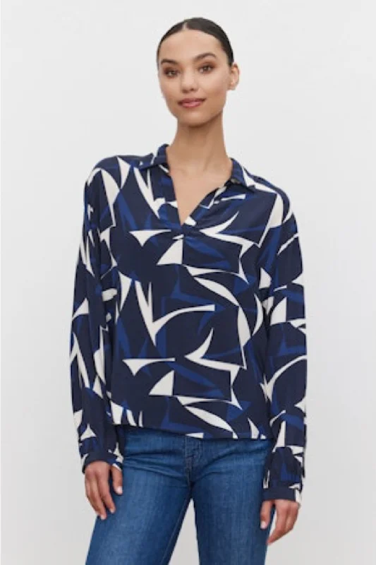 Velvet by Graham & Spencer Carah 06 Printed Blouse | Navy/Ecru