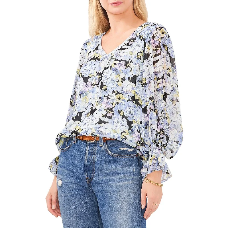 Vince Camuto Womens Floral Print V-Neck Blouse