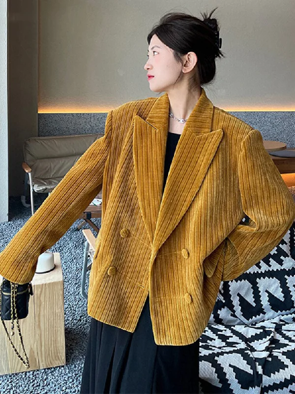 Women Yellow Velvet Big Size Casual Blazer New Lapel Long Sleeve Loose Fit Jacket Fashion Trend Spring Autumn