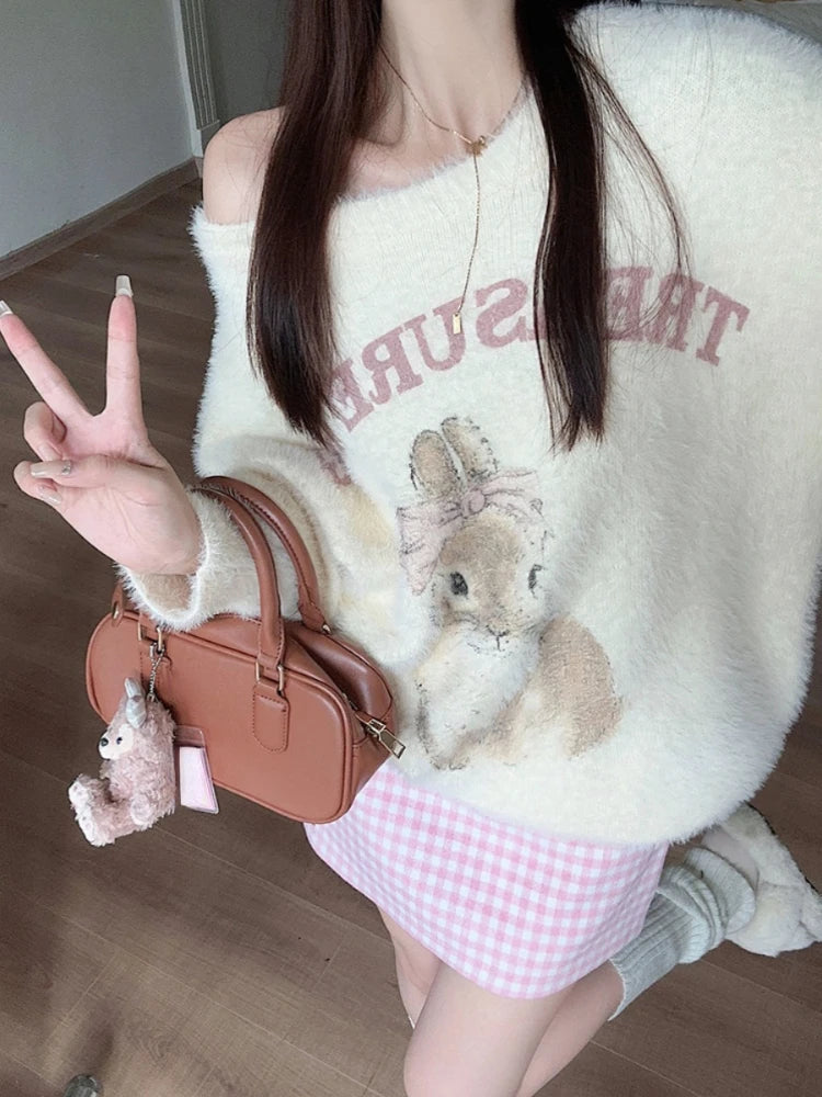 Znbbw Kawaii Knitted 2 Piece Set Women Casual Sweet Print Sweater + Plaid Skirt Suit Female Korean Fashion Vintage Cute Set New