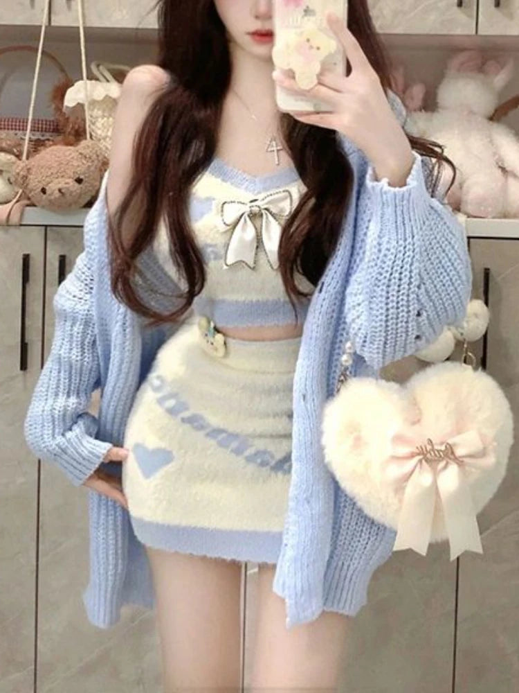 Znbbw Kawaii Knitted Three Piece Set Women Bow Warm Sweater Mini Skirt Suit Female Casual Korean Fashion Y2k Sweet Set 2024