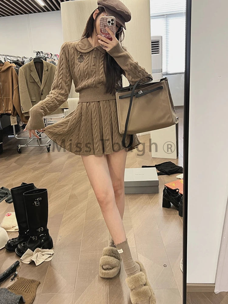 Znbbw Kawaii Knitted Two Piece Skirt Set Women Vintage Sweater Party Mini Skirt Suit Female Korean Fashion Sweet Retro Set 2024