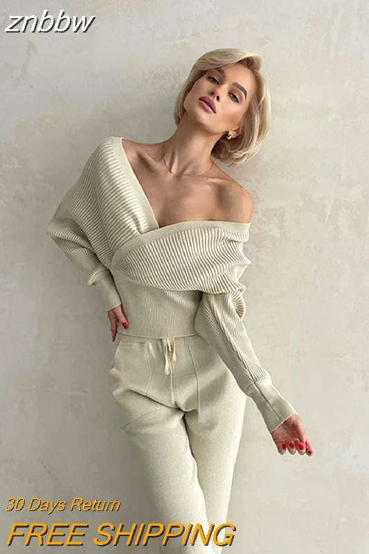 znbbw New Sexy Off Shoulder Knitted Two Piece Set Women Long Sleeve Sport Tracksuit 2 Piece Sweater Pants Suits Matching Sets