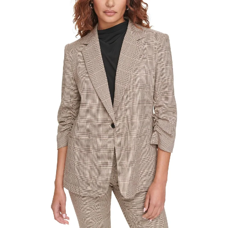 Calvin Klein Womens Petites Houndstooth Ruched One-Button Blazer