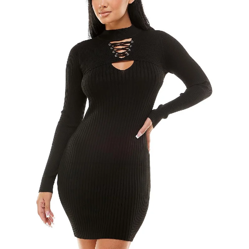 Planet Gold Womens Juniors Ribbed Mini Sweaterdress