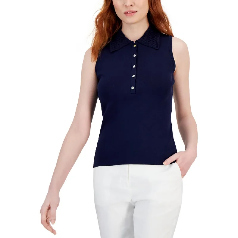 T Tahari Womens Sleeveless Collared Polo Top