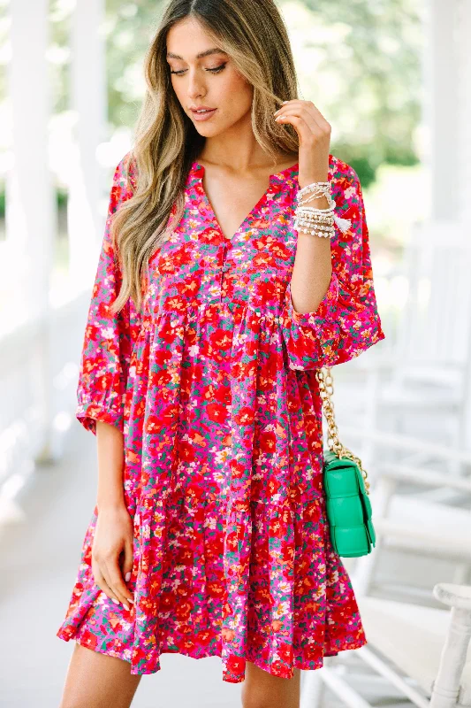 Can't Be Outdone Fuchsia Pink Ditsy Floral Babydoll Dress