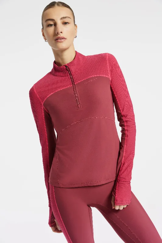 Pro Fleece 1/4 Zip Color Block Long Sleeve Top - Cordovan/pink Herringbone