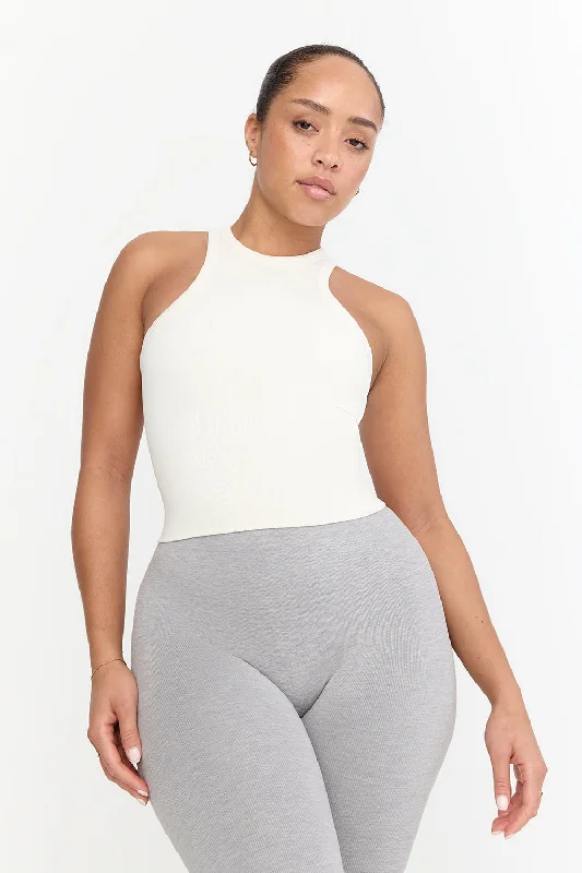 SCULPT SEAMLESS RIBBED RACER TANK - MILK MARL