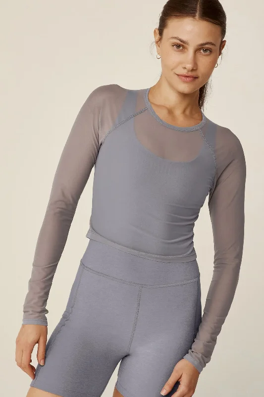 Show Off Mesh Long Sleeved Cropped Top - Cloud Grey