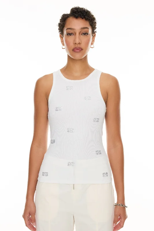 Soft Cotton Rib Rhinestone Butterfly Tank Top - Bright White