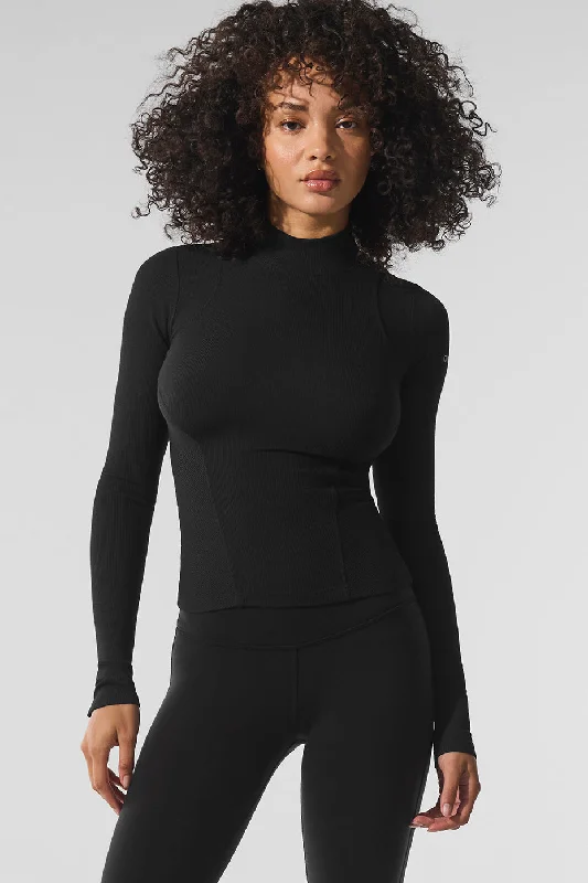 Ribbed Mesmerize Mock Neck Long Sleeve - Black