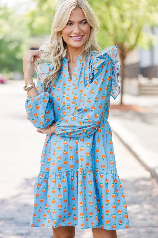 At This Time Blue Floral L/S Babydoll Dress