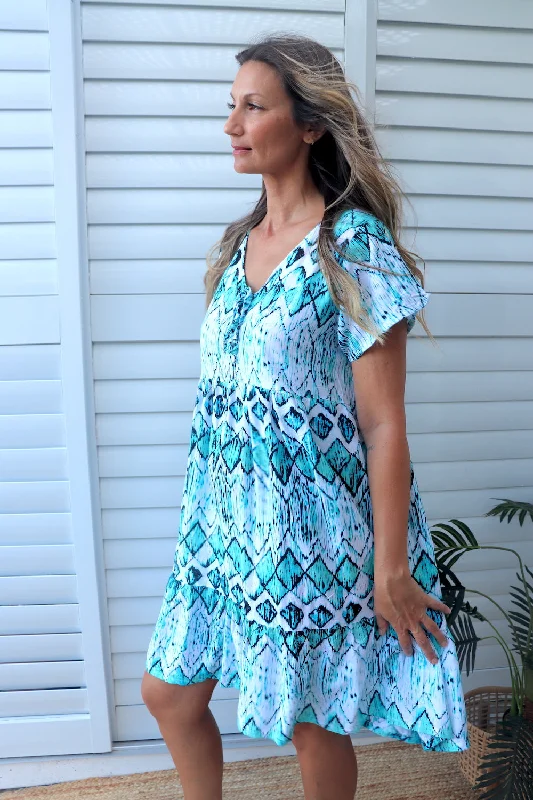 Baby Doll Button Up Dress In Aqua Diamond