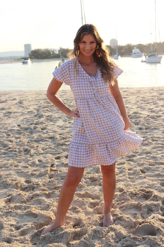 Baby Doll Button Up Dress In Cotton Gingham Taupe