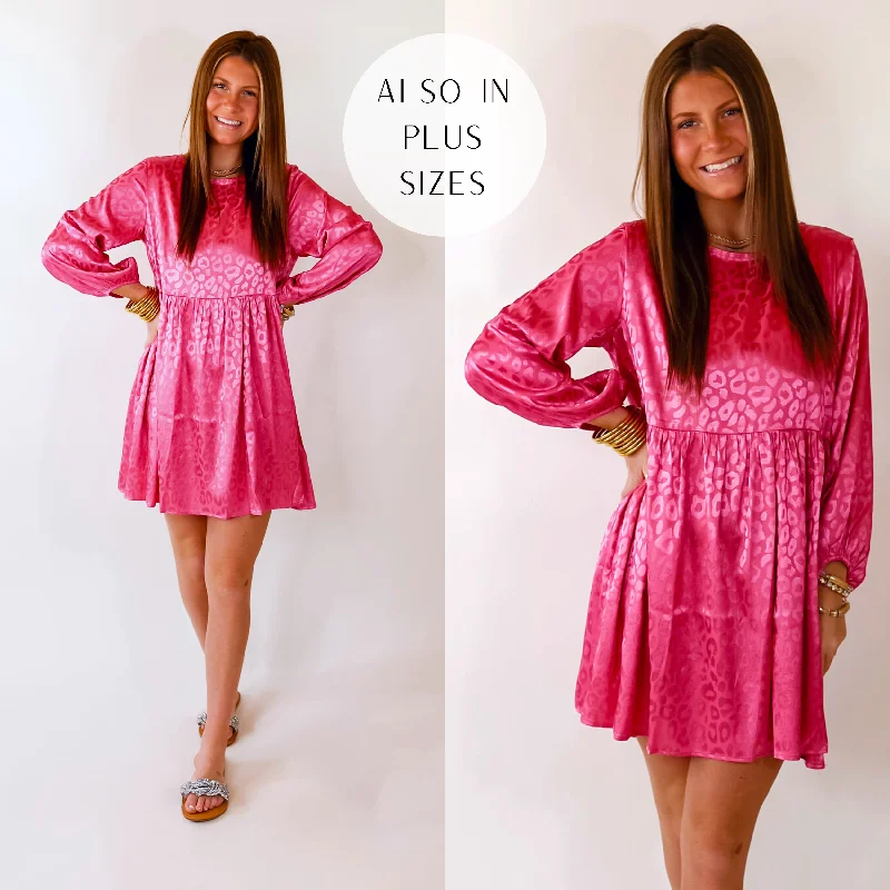 Change Is Coming Leopard Print Babydoll Dress with Long Sleeves in Hot Pink