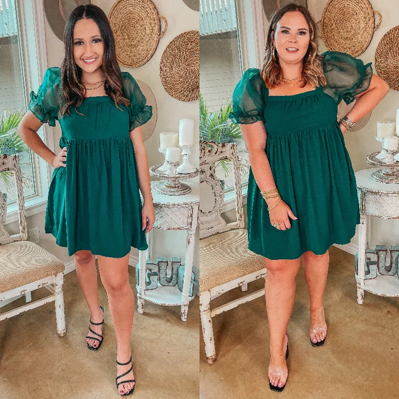 Seasonal Spice Puff Sleeve Babydoll Dress in Emerald Green