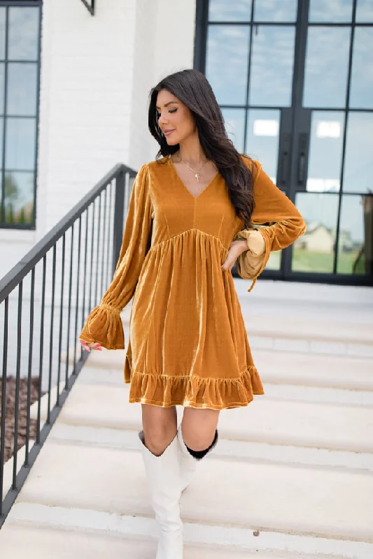 Spend Your Day Gold Babydoll Style Velvet Dress