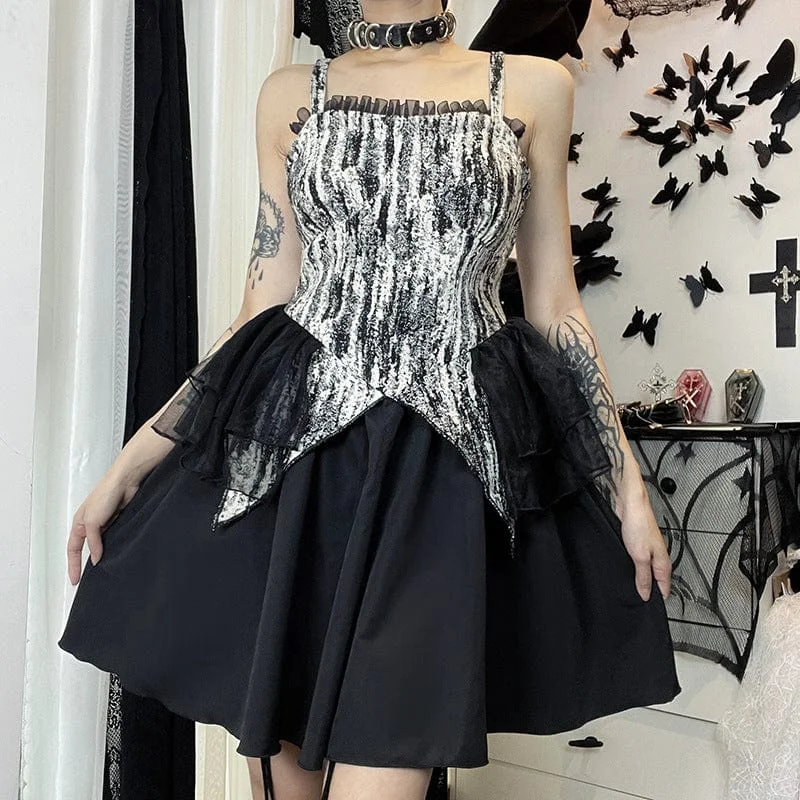 Women's Gothic Ruffled Mesh Splice Slip Dress