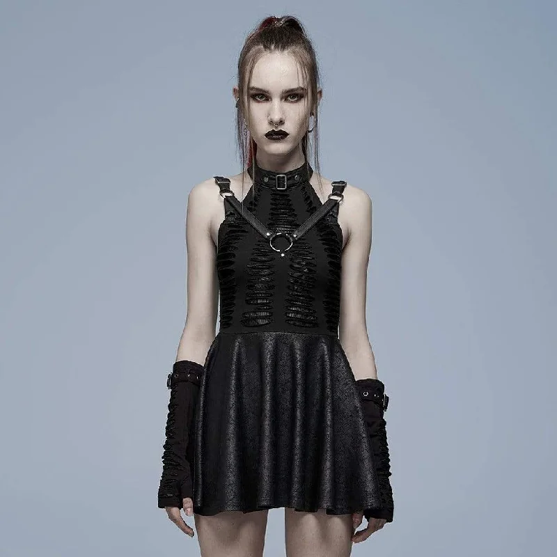 Women's Gothic Stand Collar Splice Ripped Slip Dress