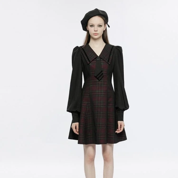 Women's Grunge Doll Collar Plaid Dress with Tie