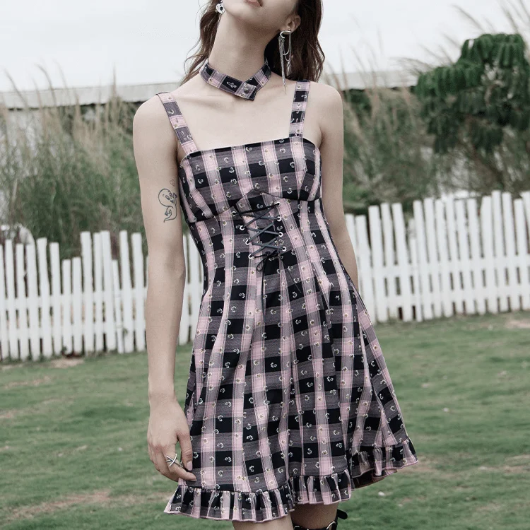 Women's Grunge Lace-up Plaid High-waisted Slip Dress