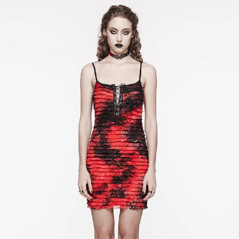 Women's Grunge Ruffled Tie-dyed Slip Dress Red