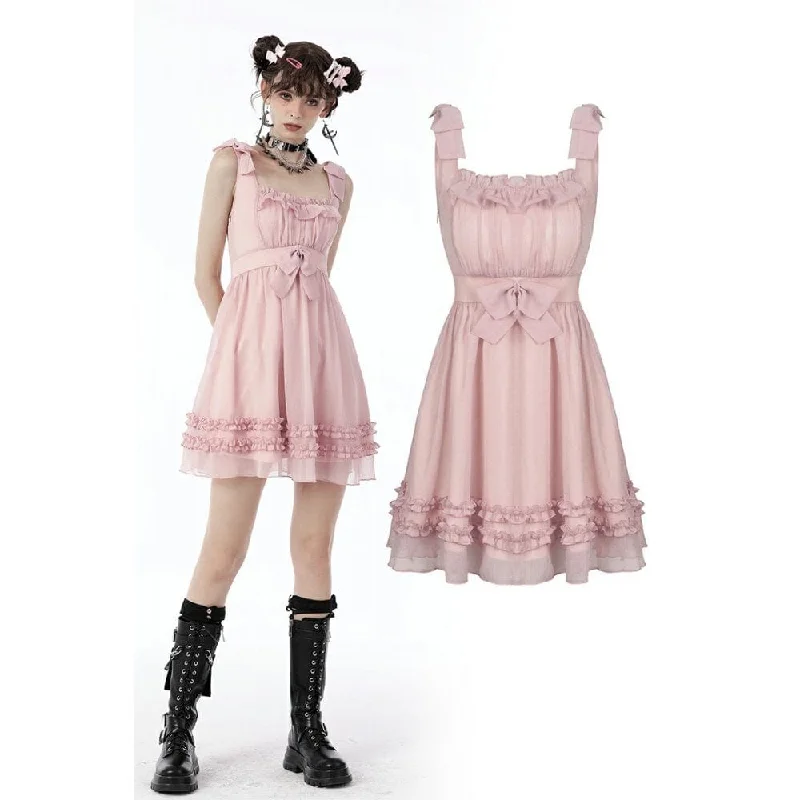 Women's Lolita Pink Ruffles Bowknot Slip Dress