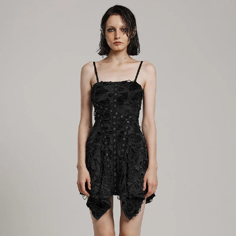 Women's Punk Ripped Eyelet Irregular Slip Dress Black