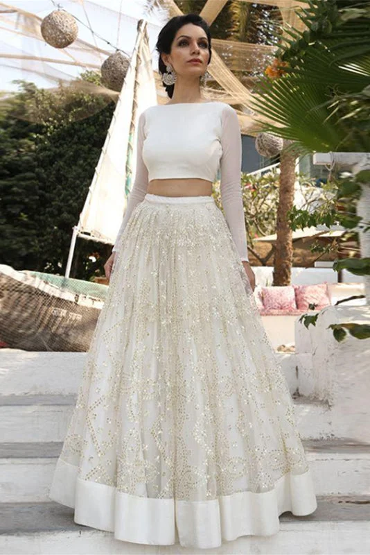 New Ivory Two Piece Cheap A Line Prom Dresses,Long Sleeves Lace Wedding Dress OK864